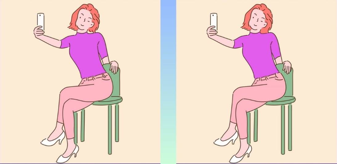 Find the three differences in 20 seconds between the images of a woman taking a selfie