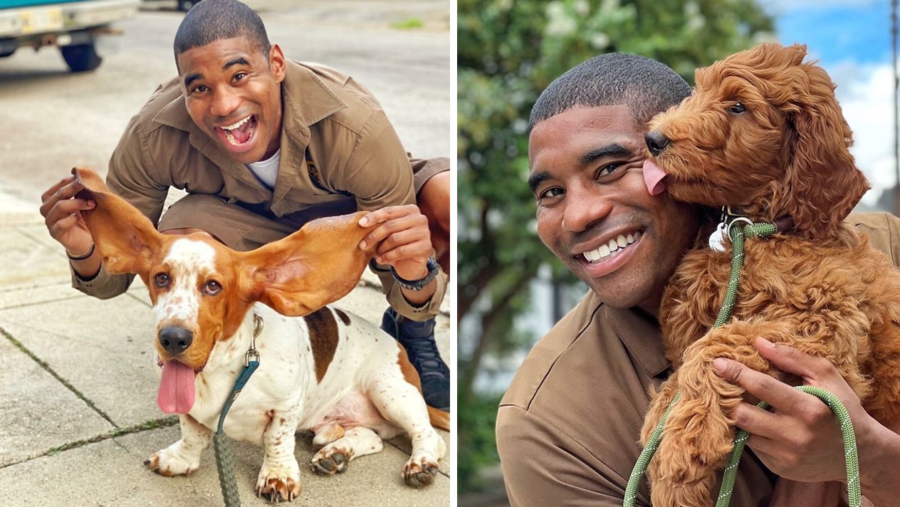 Postal truck driver loves being photographed with his clients’ dogs