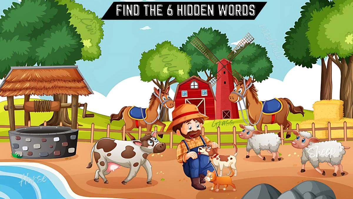 Puzzle IQ Test: Only intelligent people can spot the 6 Hidden Words in this farm Image in 12 Secs