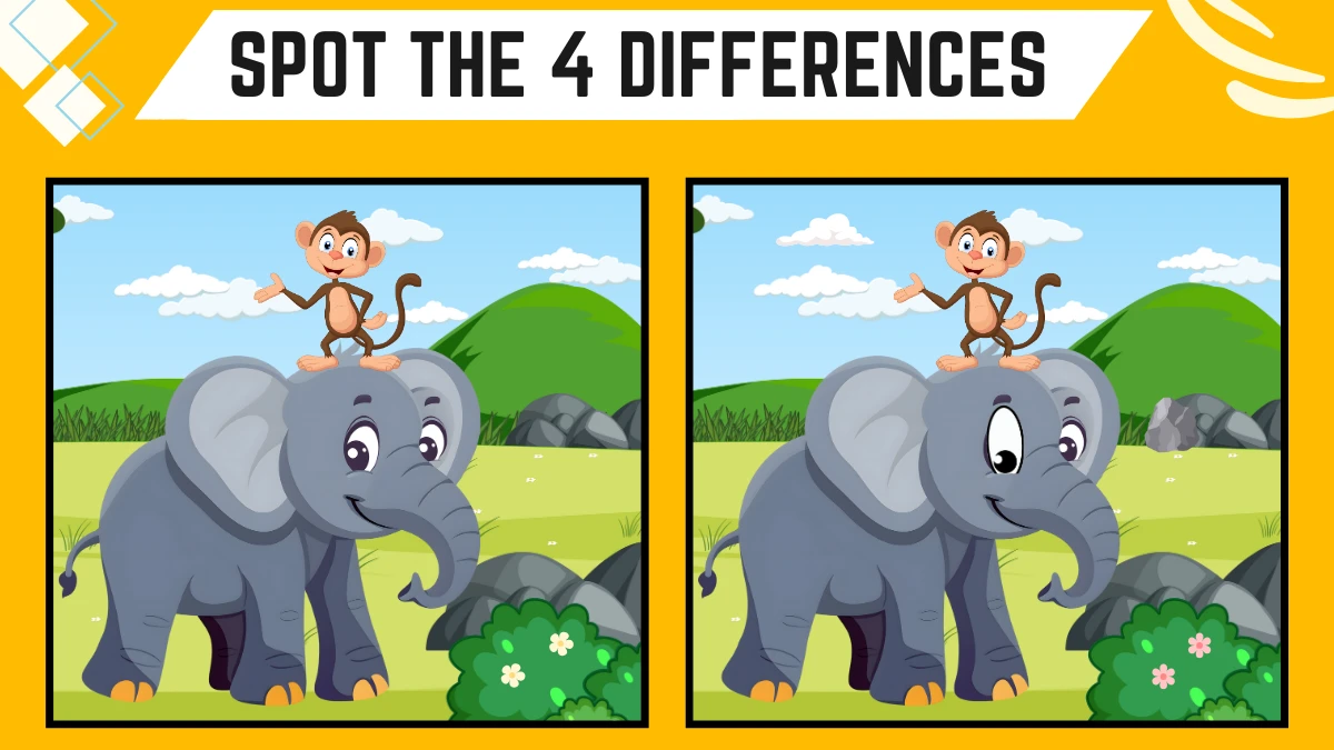 Spot the 4 Differences Picture Puzzle Game: Only Extra Sharp Eyes Can Spot the 4 Differences in this Elephant and Monkey Image in 12 Secs