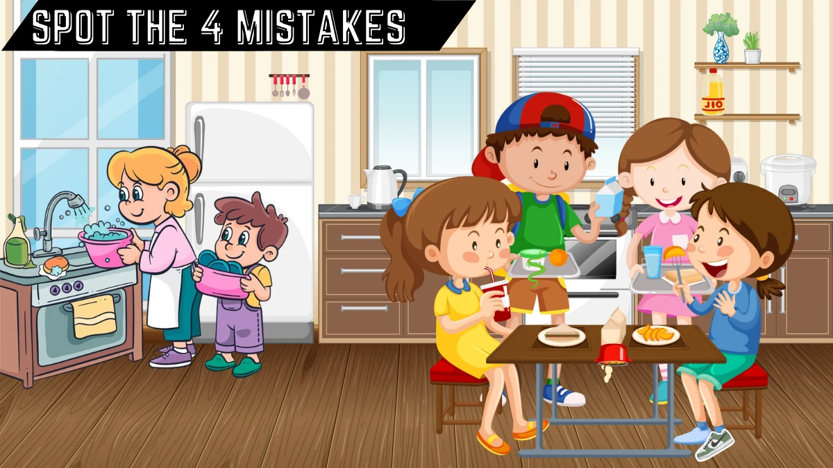 Spot the 4 Mistakes Picture Puzzle IQ Test: Only a genius can spot the 4 mistakes in this Kitchen Image in 12 Secs