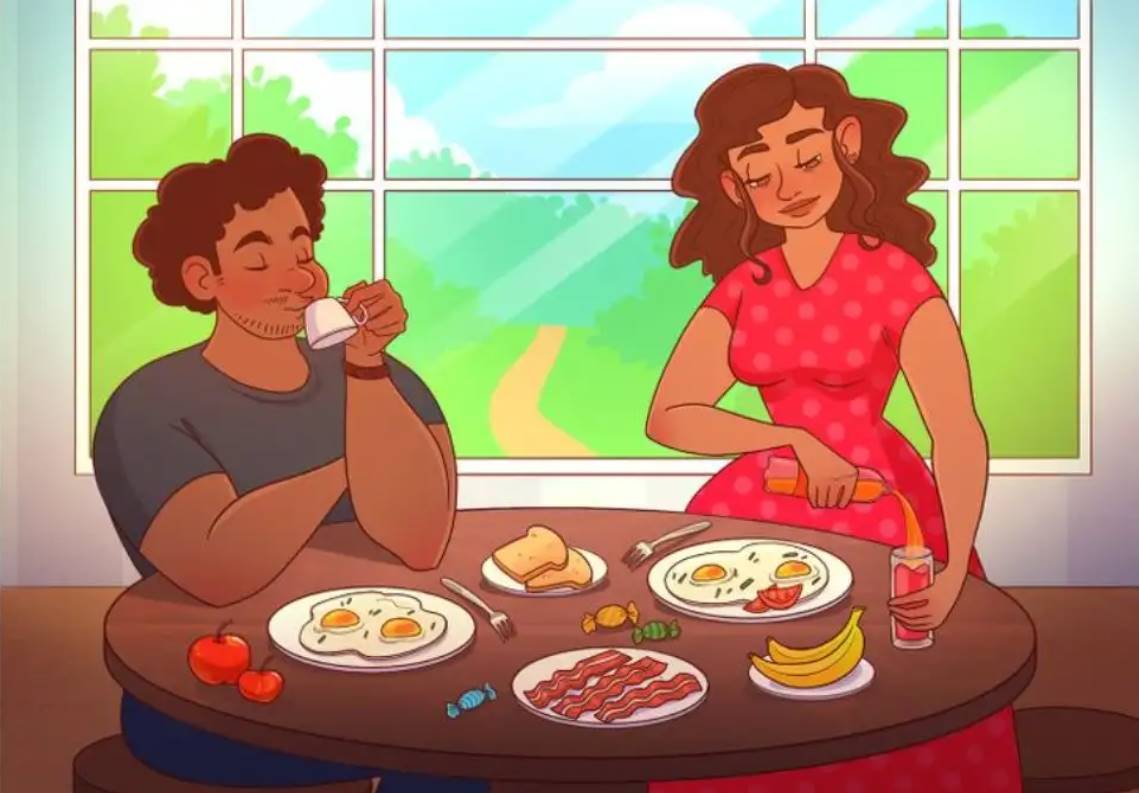 The couple is having a breakfast, but there are two huge mistakes in there. Can you find them in 10 seconds?