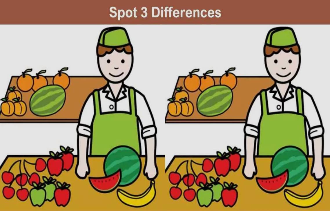 The two fruit seller photos have three differences. Can you spot them?