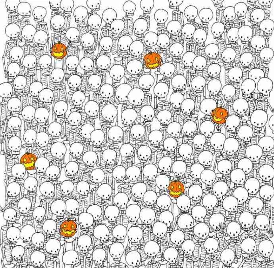 There is a ghost hiding among the skeletons in this Halloween-themed image. Try your sight and find it!