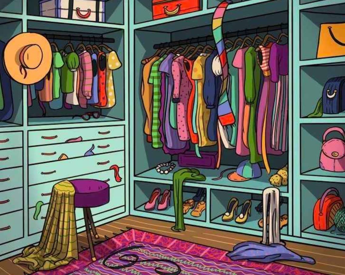 There is a hidden cat in this detailed wardrobe image. Can you find it?