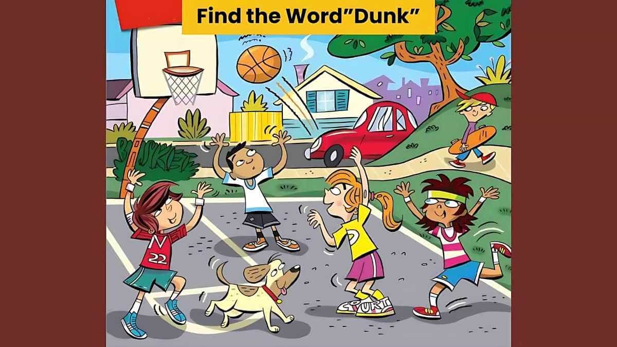 Picture Puzzle IQ Test: Find the word “dunk” in the basketball court scene in 5 seconds!